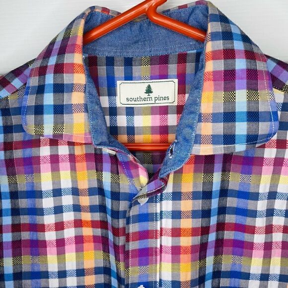 Southern Pines Plaid Button Up Shirt Chambray Trim Blue Pink M - Picture 3 of 8